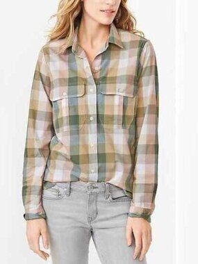 New XS GAP checkered utility camp shirt in pink green plaid